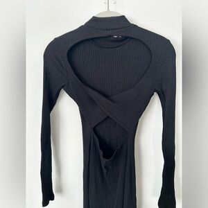 H&M black ribbed mock neck midi dress with open twist back. Size XS.